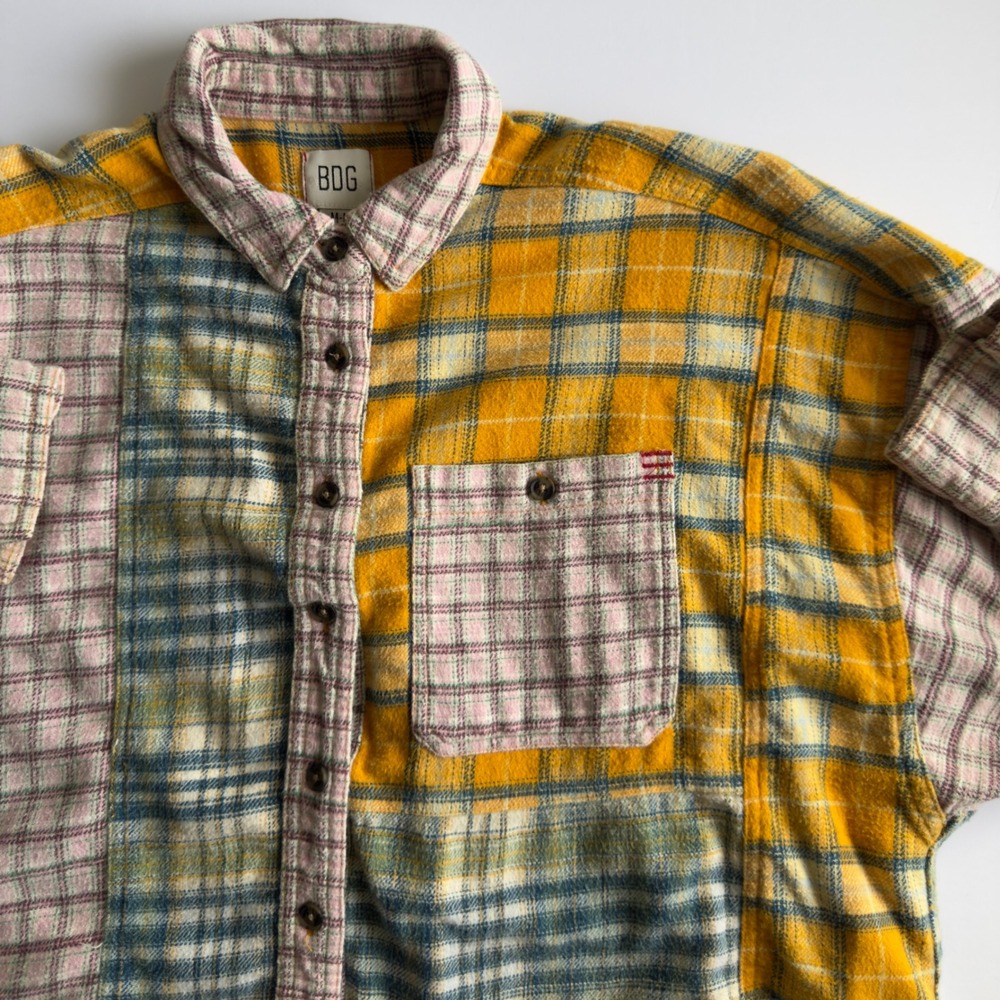BDG Mixed Plaid Patchwork Oversized Flannel Shirt Womens Medium Yellow Pink Boho - Picture 11 of 12